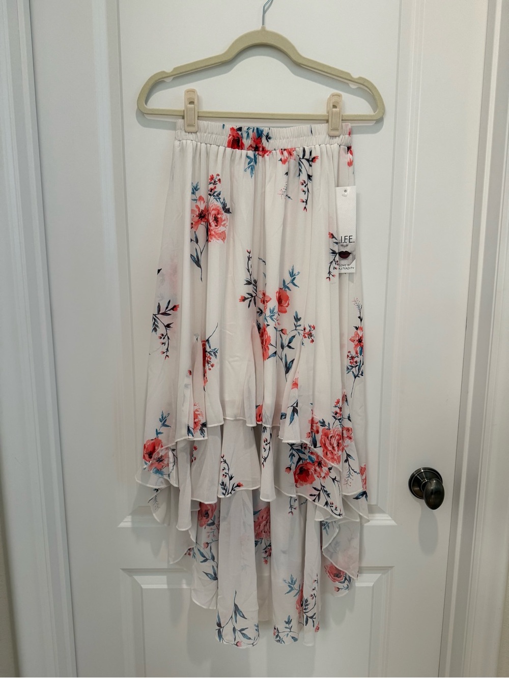 Floral High-Low Maxi Skirt - White with Coral & Blue Floral NWT